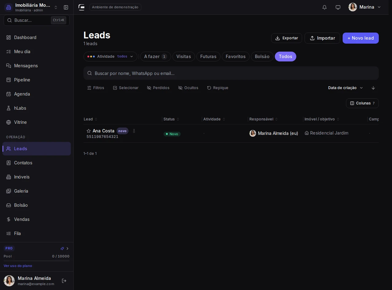 Tela nativa completa com dados fictícios: Abra a lista de Leads.