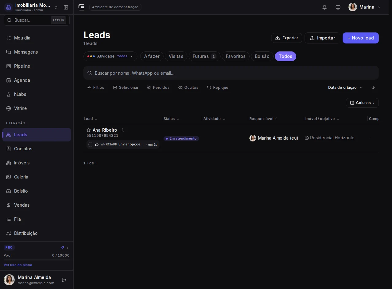 Abra Leads: tela original do CRM com equipe, visão de administrador, com dados fictícios.