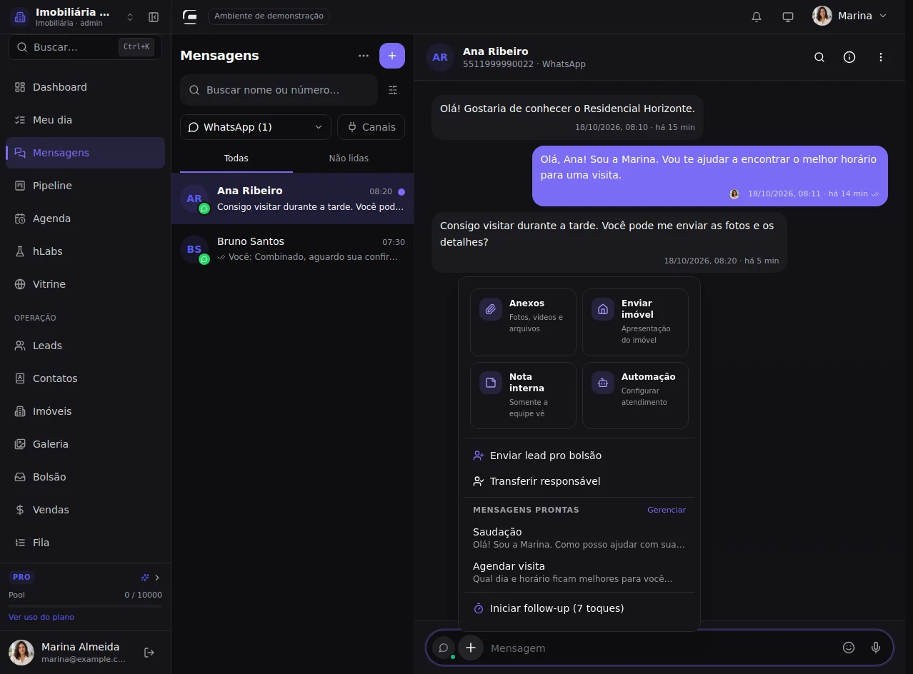 Tela completa do CRM com dados fictícios: abra as opções da mensagem.