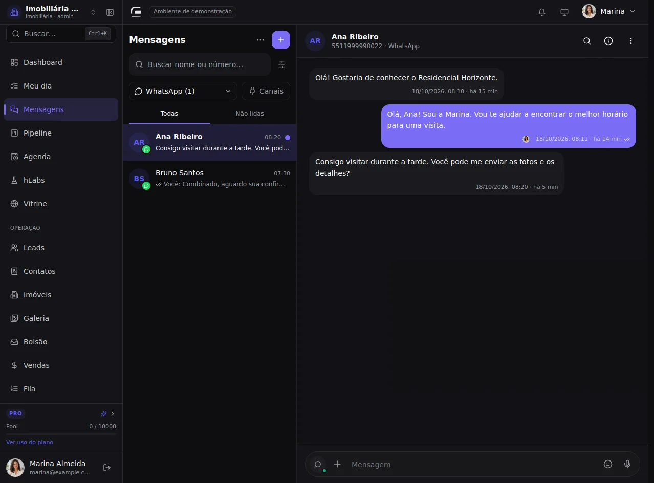 Tela completa do CRM com dados fictícios: confira o destinatário.