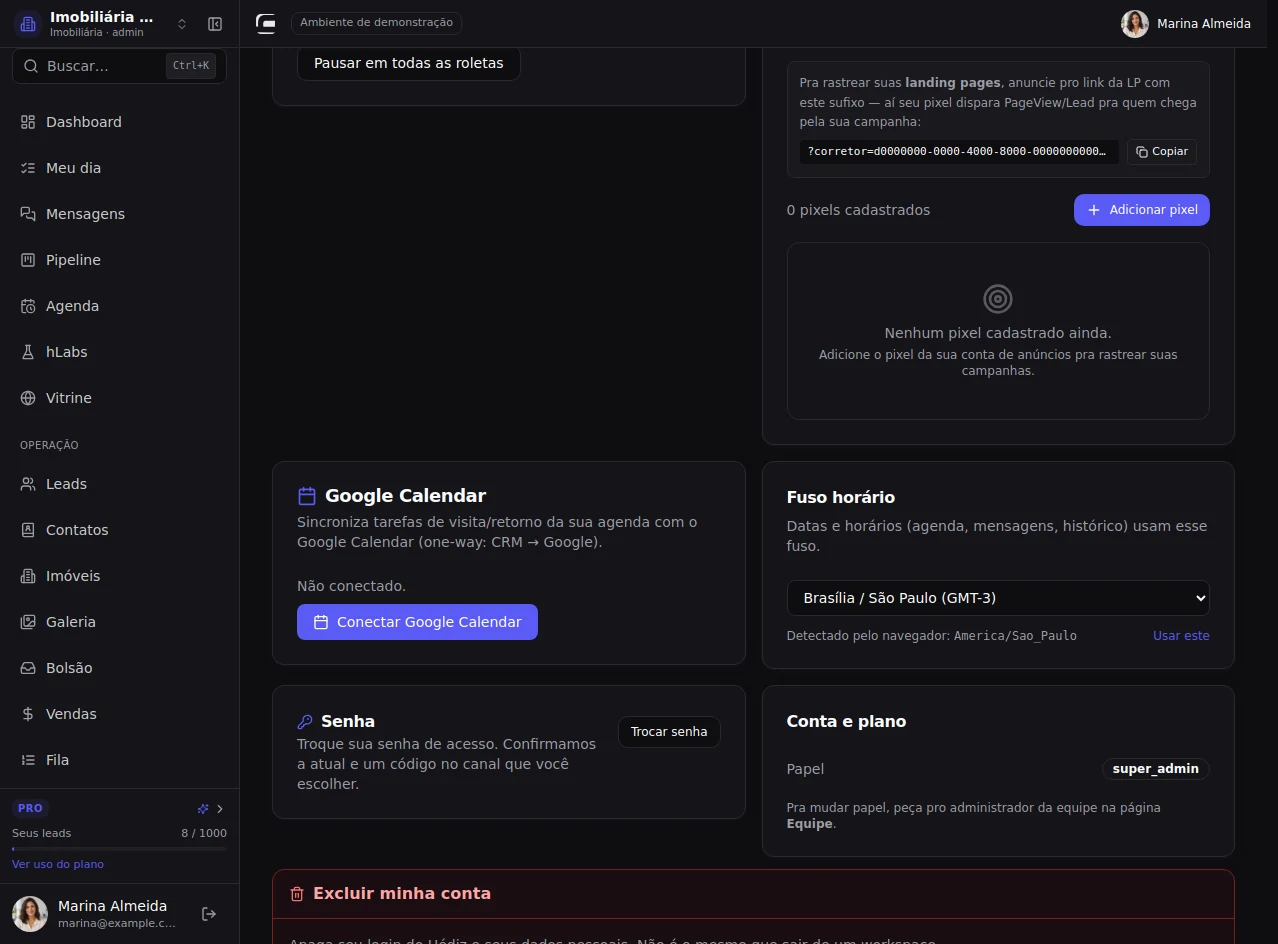 Abra Minha conta: componente original do CRM com equipe, visão de administrador, com dados fictícios.