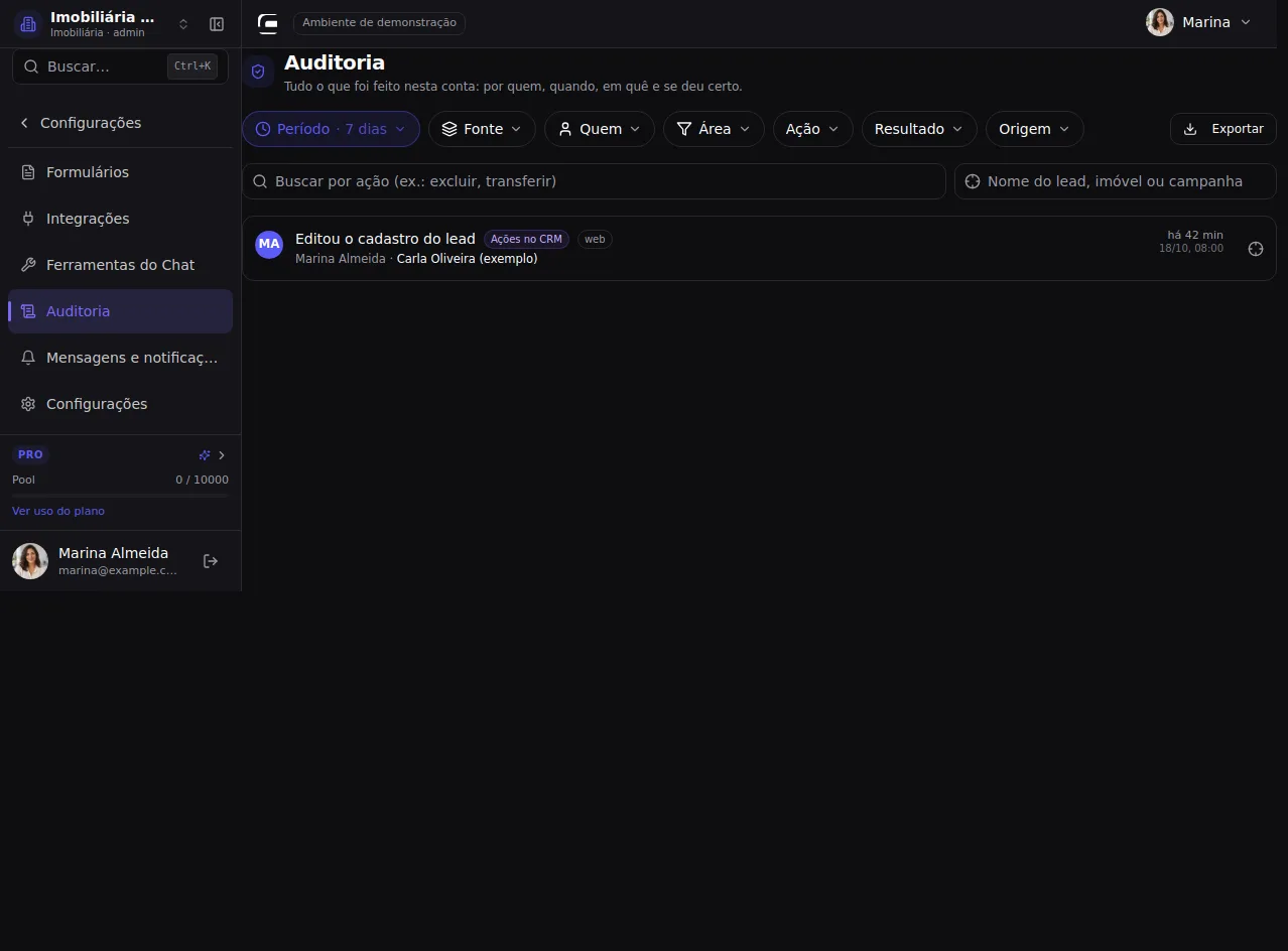 Abra a Auditoria — tela nativa do CRM com dados fictícios.