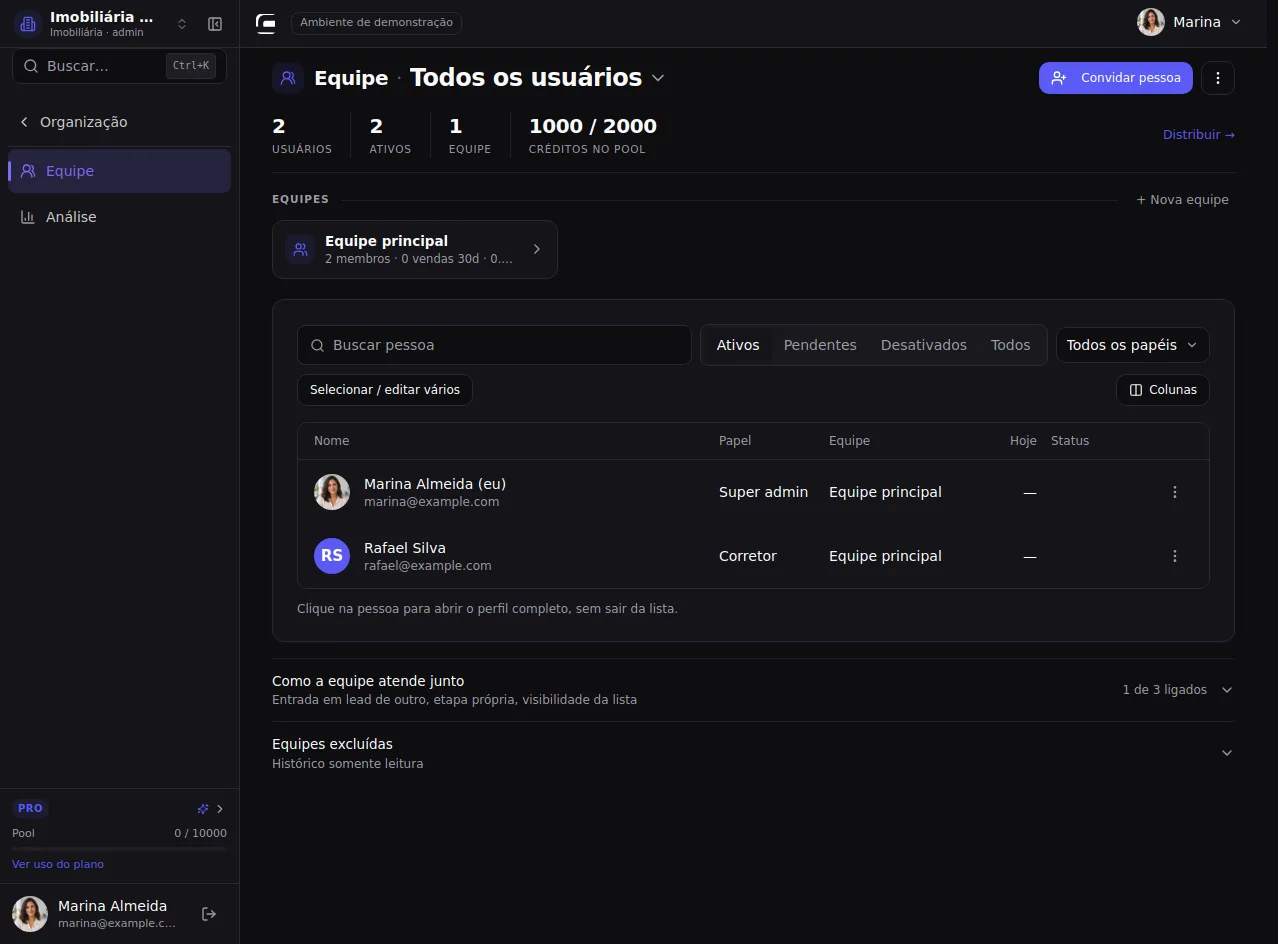 Abra a lista de pessoas — tela nativa do CRM com dados fictícios.