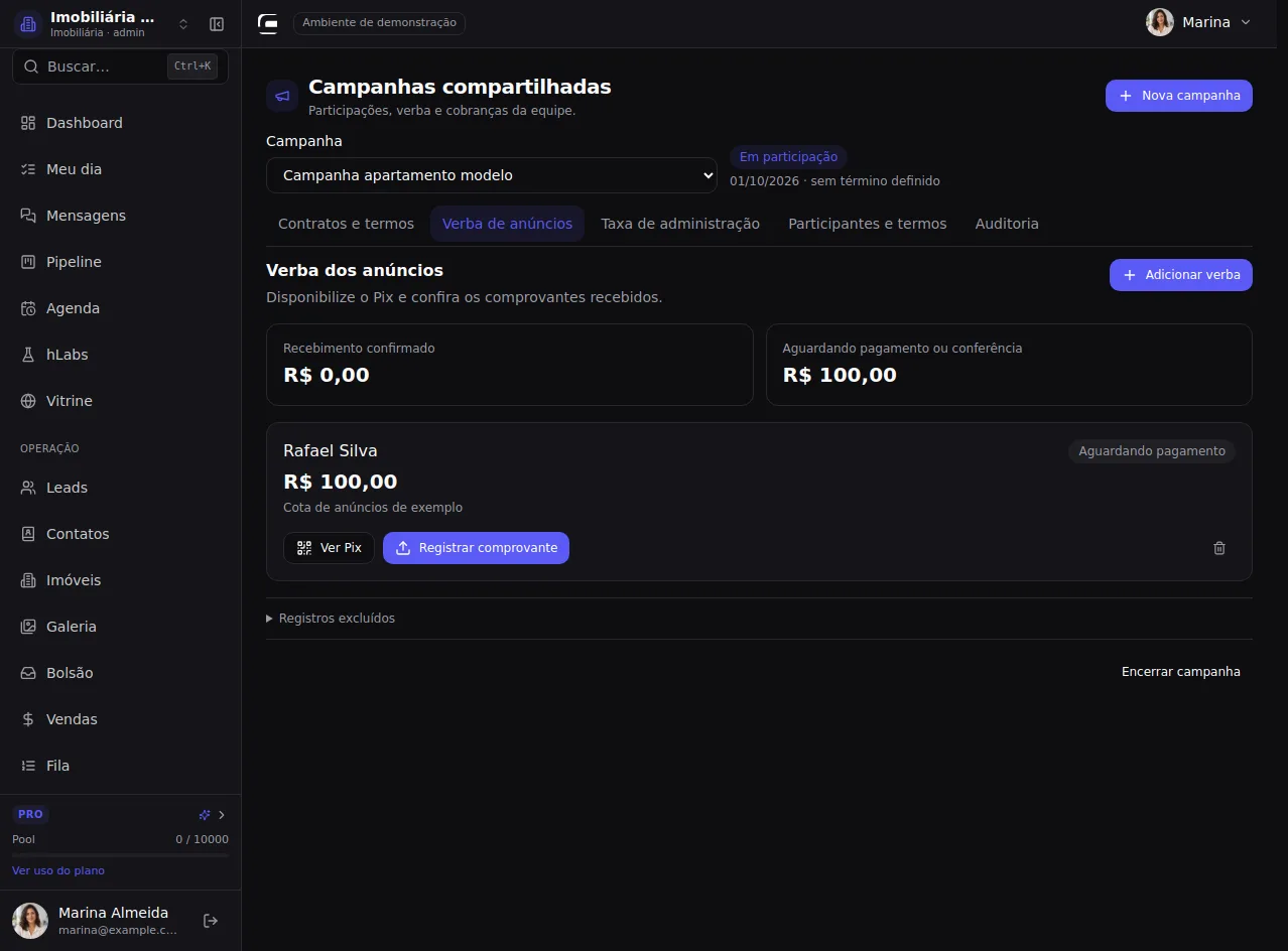 Abra a campanha compartilhada — tela nativa do CRM com dados fictícios.
