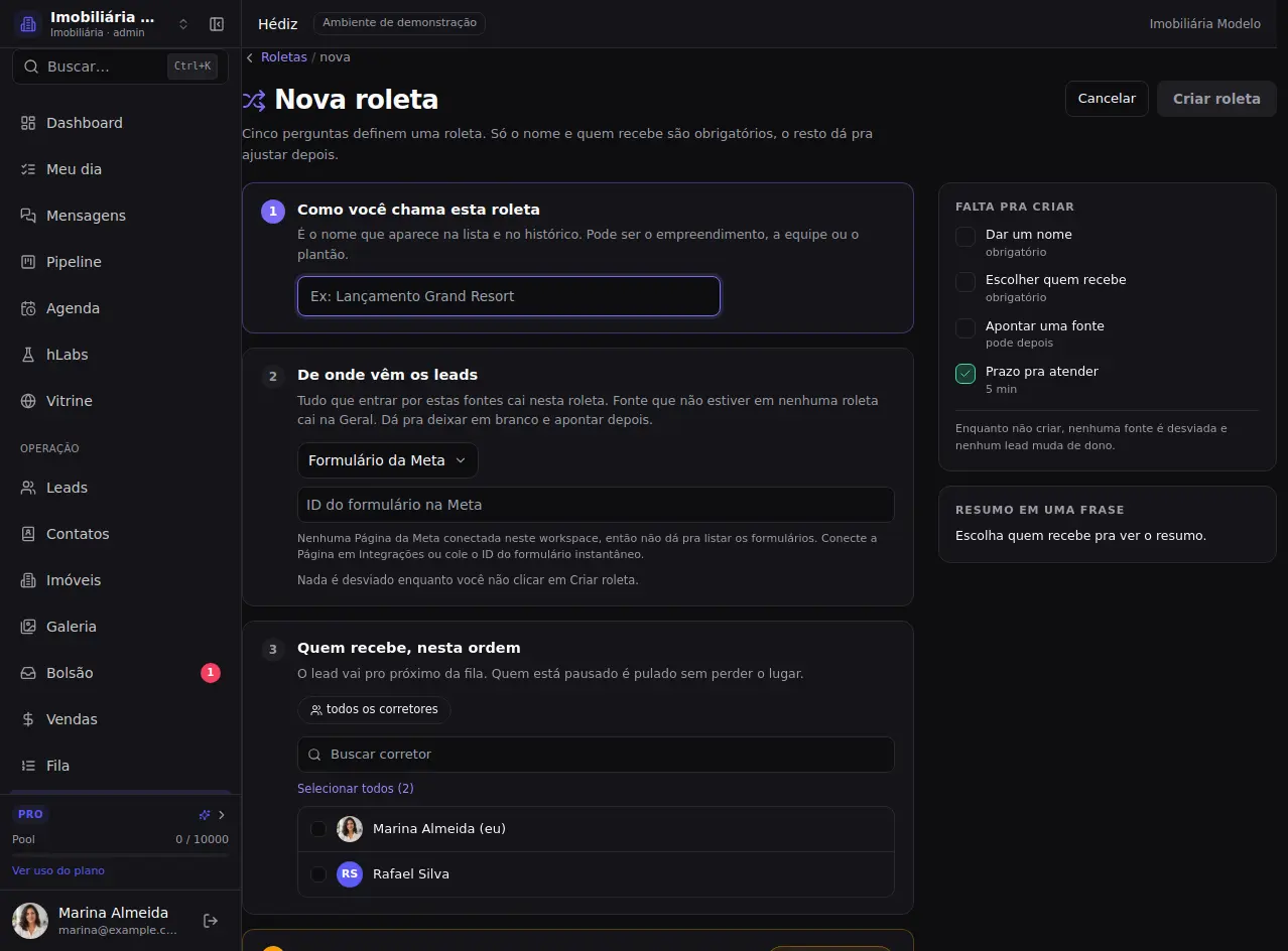 Comece uma roleta — tela atual com dados fictícios.