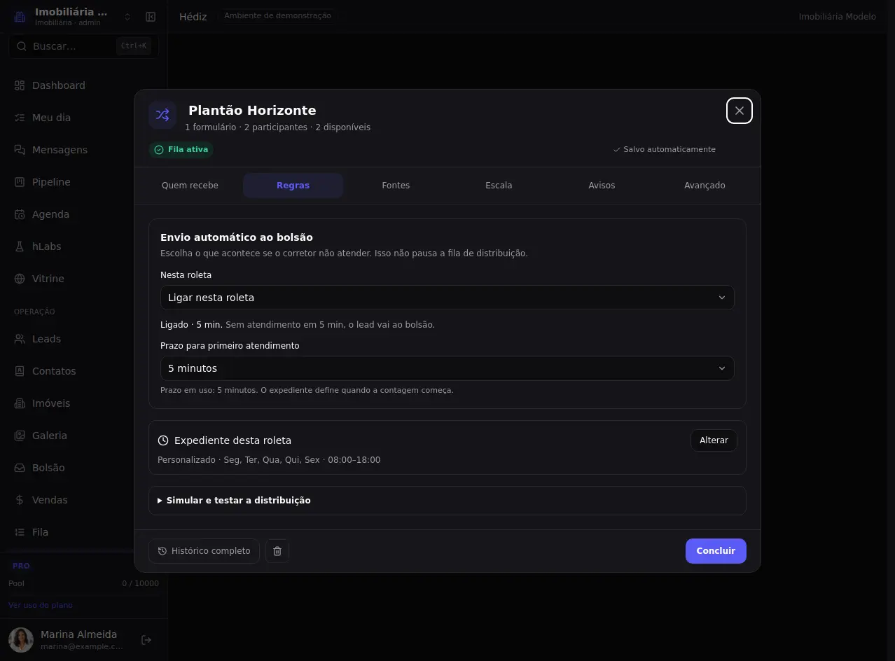 Abra Regras — tela atual com dados fictícios.