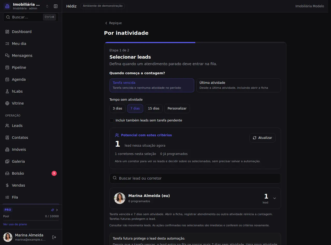 Abra Por inatividade — tela atual com dados fictícios.