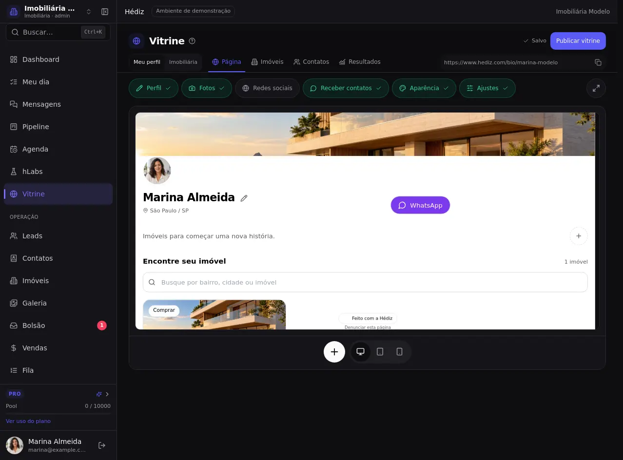 Abra Vitrine — tela atual com dados fictícios.