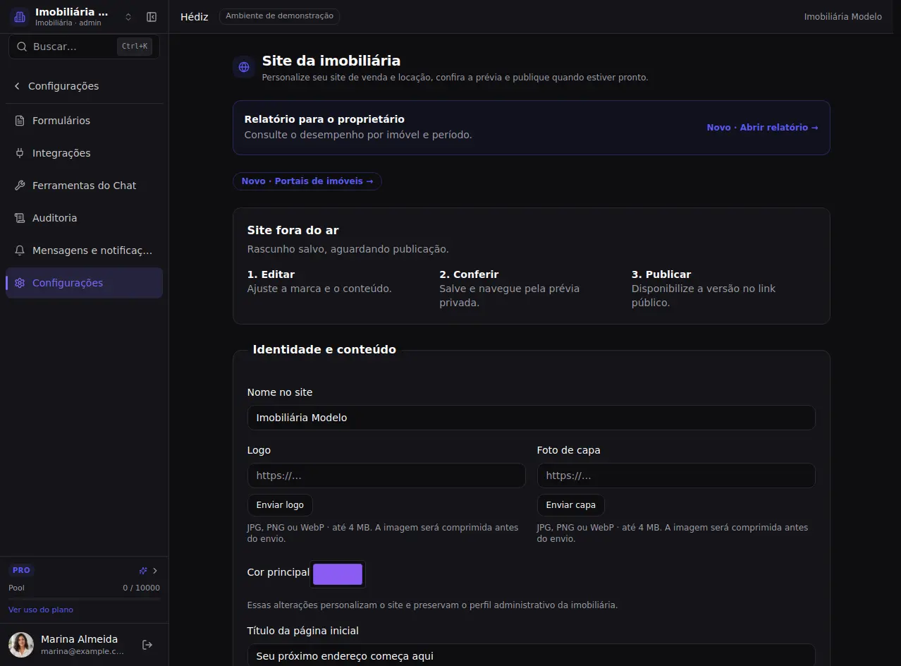 Abra o editor do site — tela atual com dados fictícios.