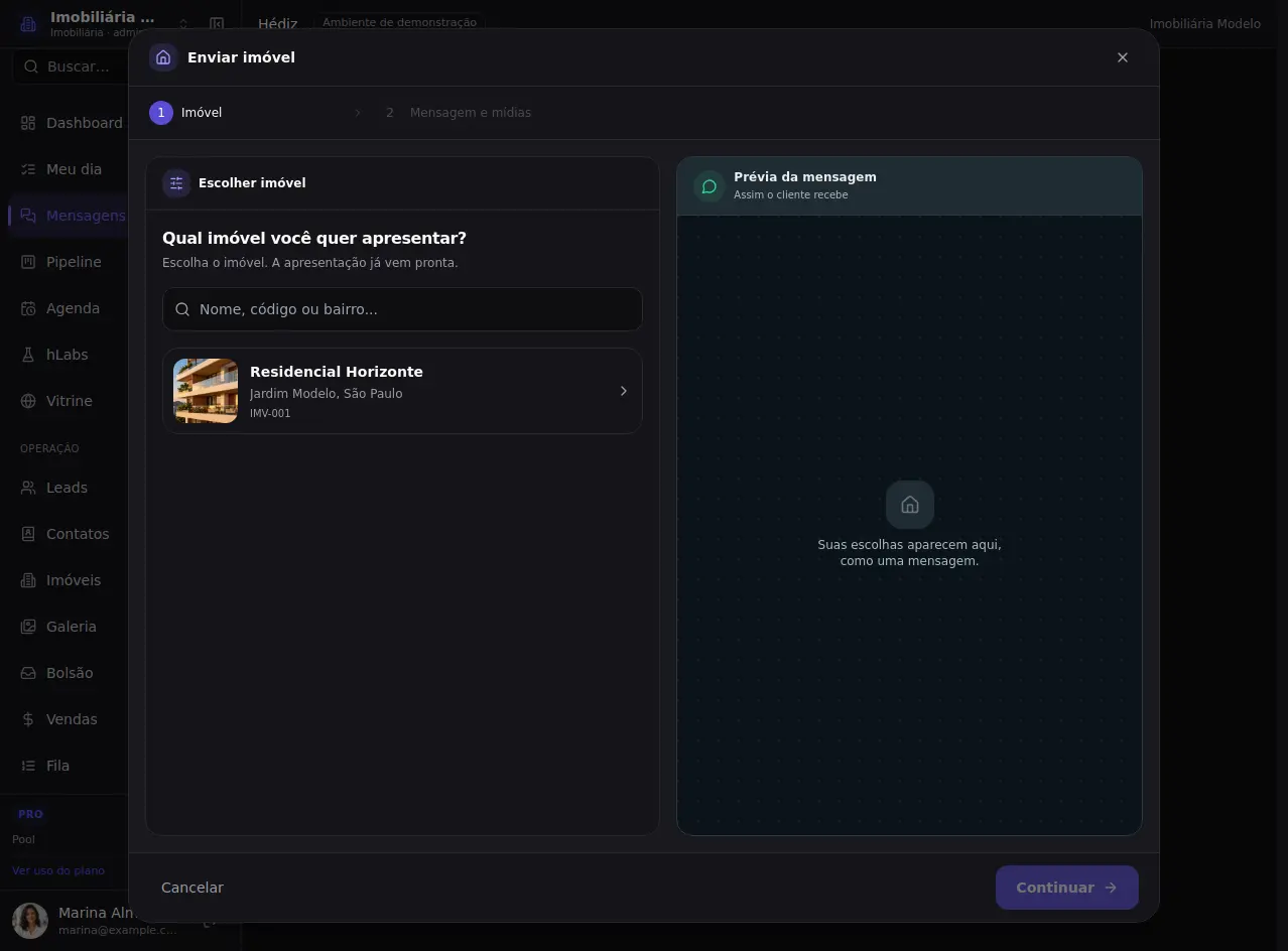 Abra Enviar imóvel — tela atual com dados fictícios.